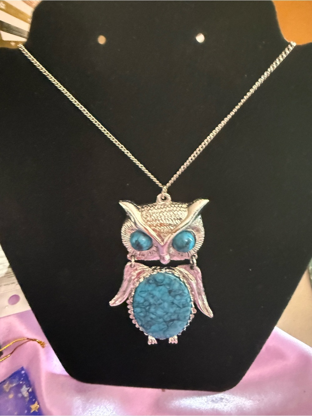 Silver Owl Pendant Necklace with Turquoise Accent - Women Jewelry
